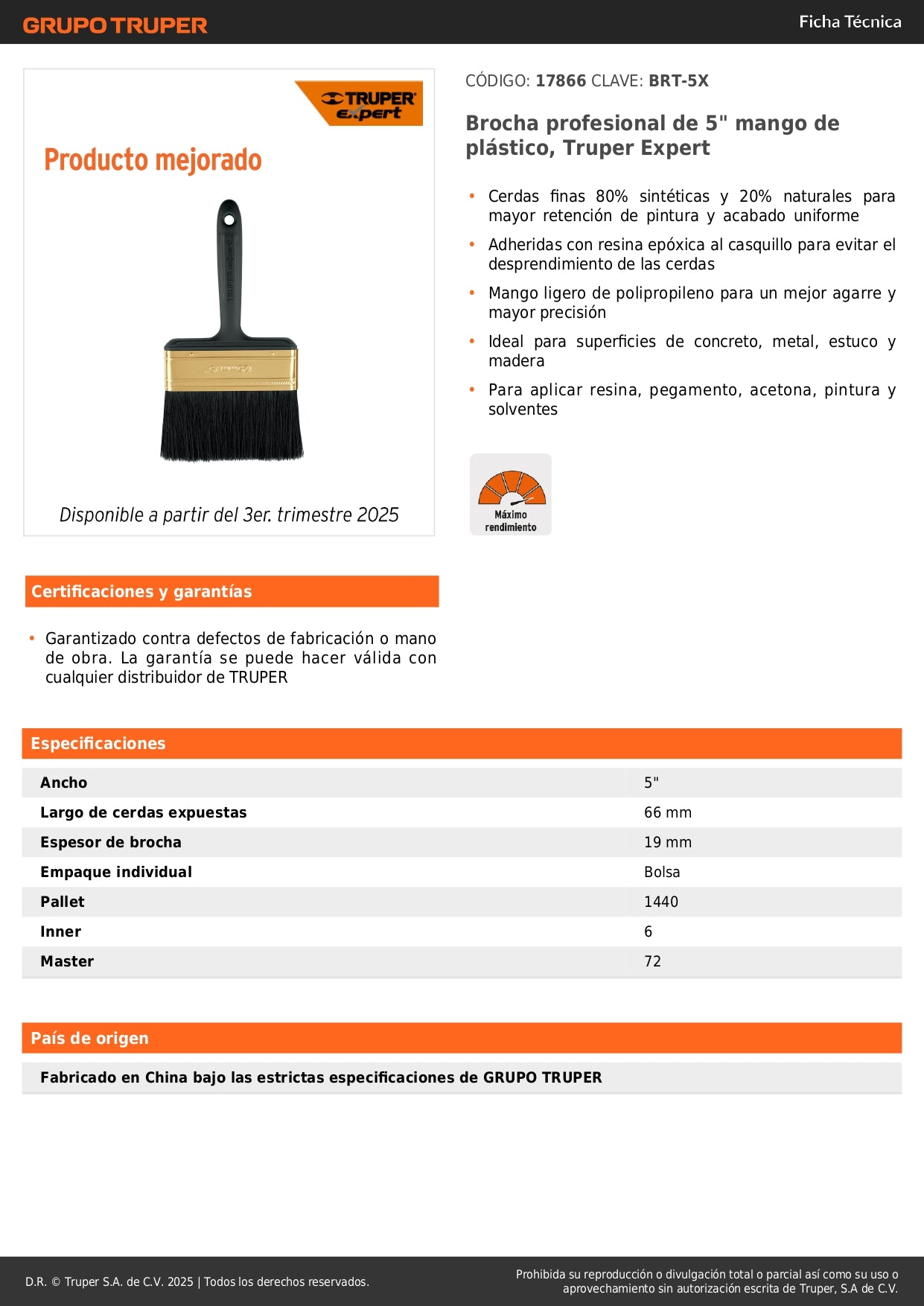 Brocha Profesional 5 Pulgadas Truper Expert BRT-5X - Cerdas Sintéticas y Naturales para Pintura Uniforme en Concreto, Metal, Estuco y Madera