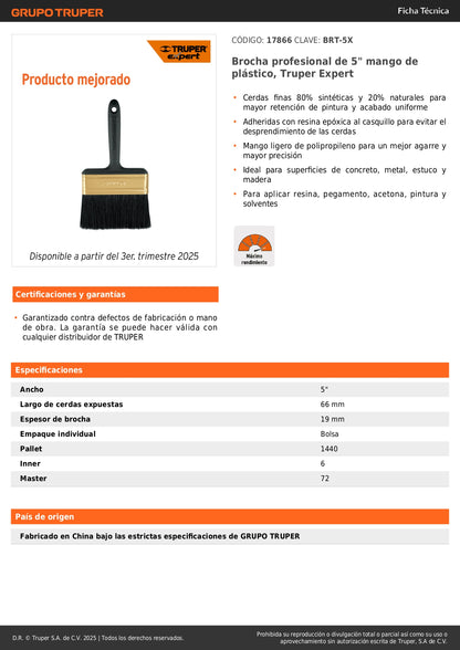 Brocha Profesional 5 Pulgadas Truper Expert BRT-5X - Cerdas Sintéticas y Naturales para Pintura Uniforme en Concreto, Metal, Estuco y Madera