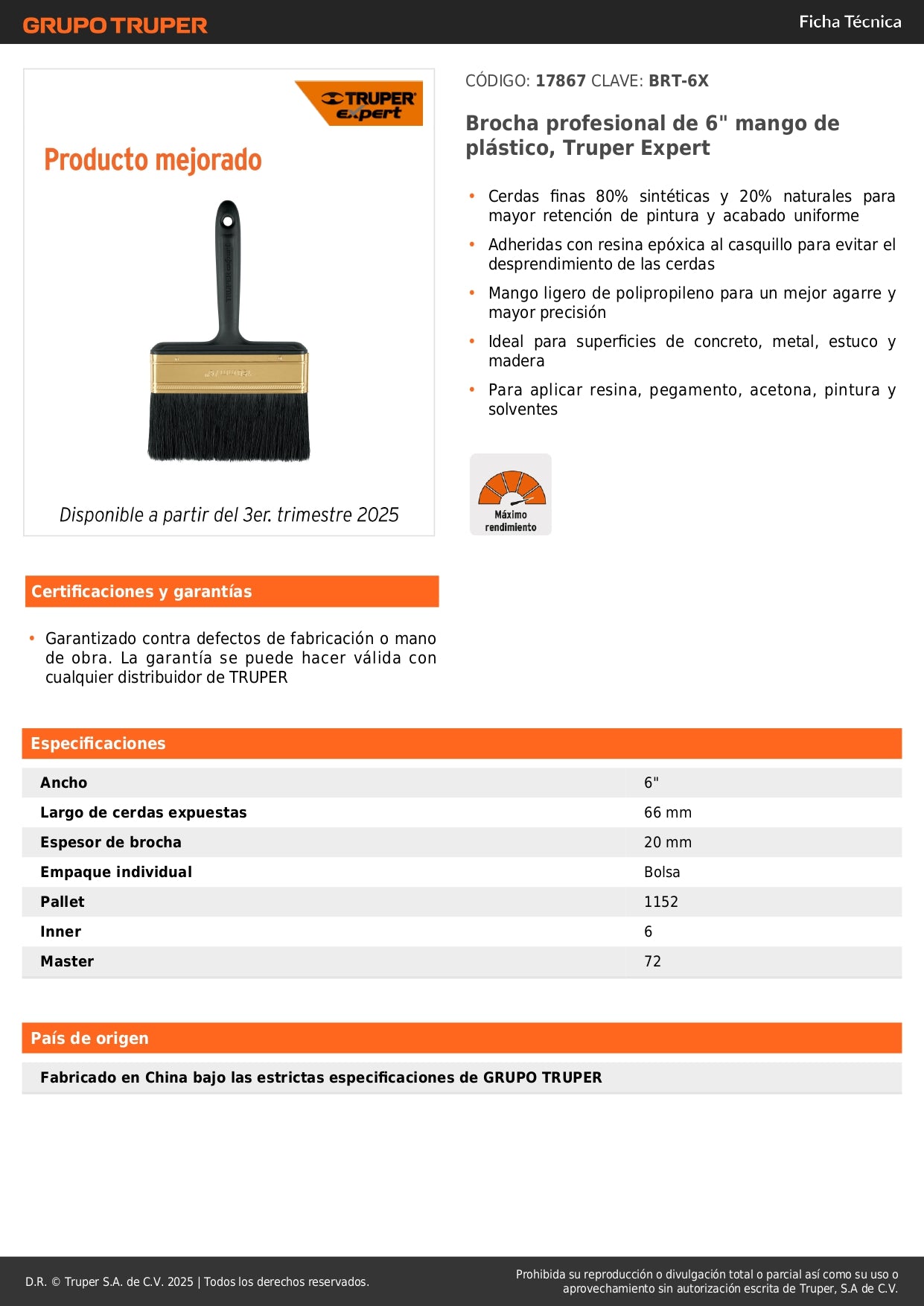 Brocha Profesional 6 Pulgadas BRT-6X Truper Expert - Cerdas Sintéticas y Naturales para Pintura Uniforme en Concreto, Metal, Estuco y Madera - Mango Antideslizante