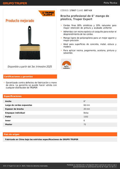 Brocha Profesional 6 Pulgadas BRT-6X Truper Expert - Cerdas Sintéticas y Naturales para Pintura Uniforme en Concreto, Metal, Estuco y Madera - Mango Antideslizante