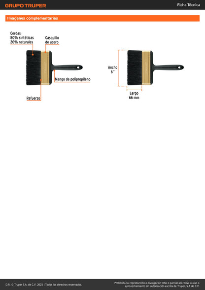 Brocha Profesional 6 Pulgadas BRT-6X Truper Expert - Cerdas Sintéticas y Naturales para Pintura Uniforme en Concreto, Metal, Estuco y Madera - Mango Antideslizante
