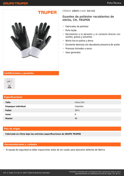 Guantes de Seguridad Industrial TRUPER GU-151 - Poliéster con Recubrimiento de Nitrilo Resistente a Aceites y Grasas - Protección Profesional para Trabajo Húmedo y Seco