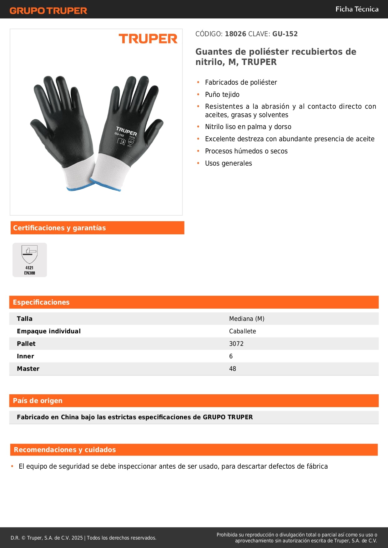 Guantes de Seguridad Industrial TRUPER GU-152 - Nitrilo Resistente a Aceites y Grasas - Talla M - Protección Profesional