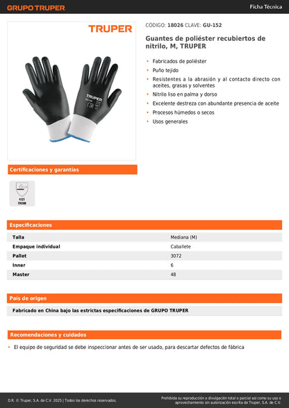 Guantes de Seguridad Industrial TRUPER GU-152 - Nitrilo Resistente a Aceites y Grasas - Talla M - Protección Profesional