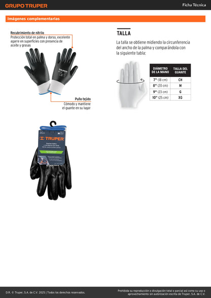 Guantes de Seguridad Industrial TRUPER GU-152 - Nitrilo Resistente a Aceites y Grasas - Talla M - Protección Profesional