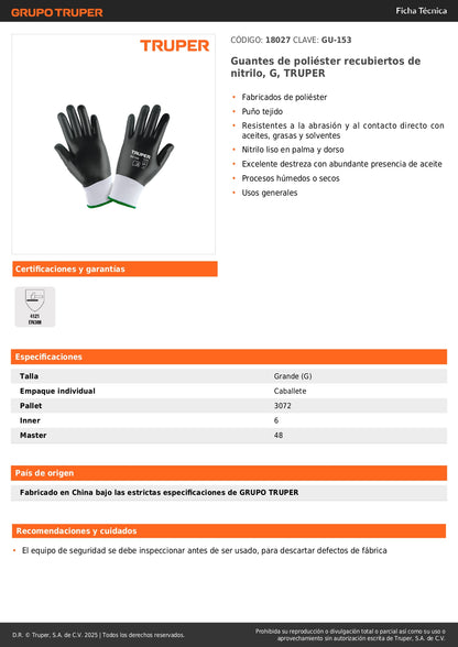 Guantes de Nitrilo TRUPER GU-153 - Resistentes a Aceites y Grasas - Protección Industrial Profesional