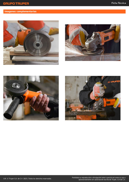 Esmeriladora Angular 4-1/2" 850W TRUPER ERGO PRO - Motor Balero Bolas Mango Ajustable