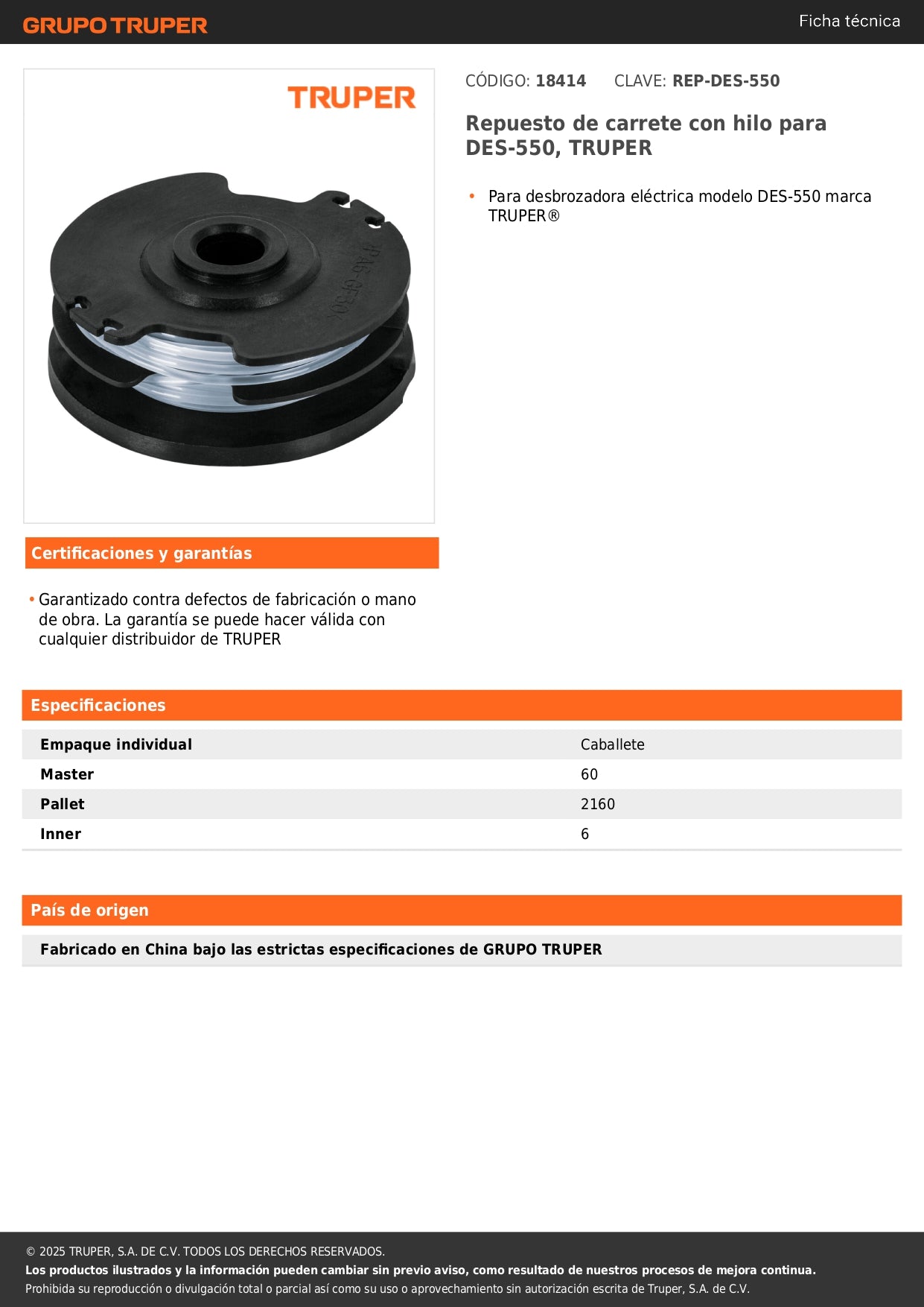 Repuesto de carrete con hilo para DES-550, TRUPER