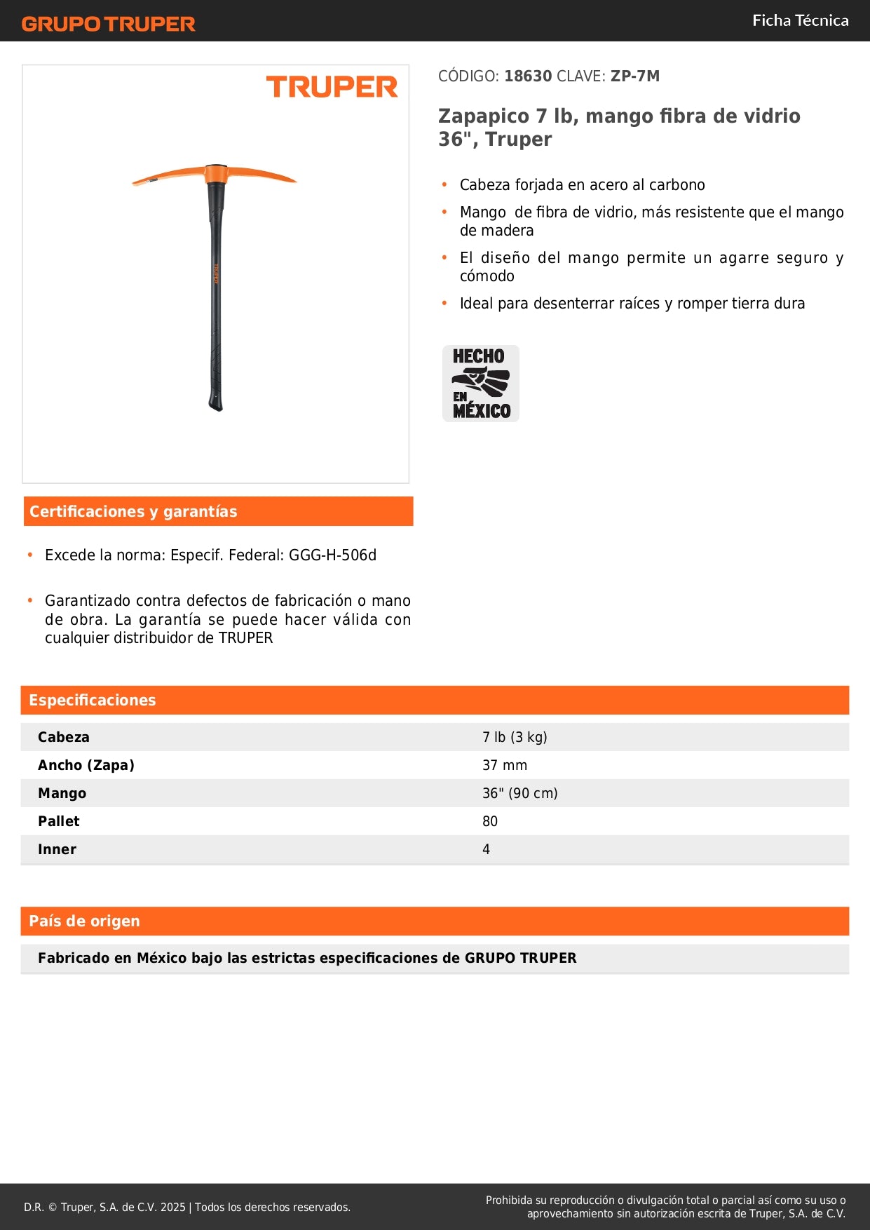 Zapapico Truper 7 lb Mango Fibra Vidrio 36" - Herramienta Profesional para Desenterrar Raíces y Romper Tierra Dura ZP-7M