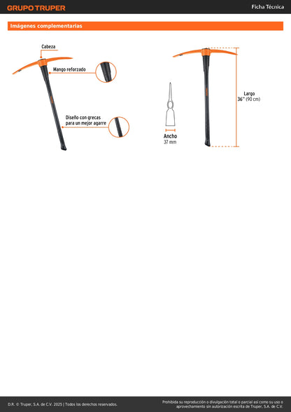 Zapapico Truper 7 lb Mango Fibra Vidrio 36" - Herramienta Profesional para Desenterrar Raíces y Romper Tierra Dura ZP-7M