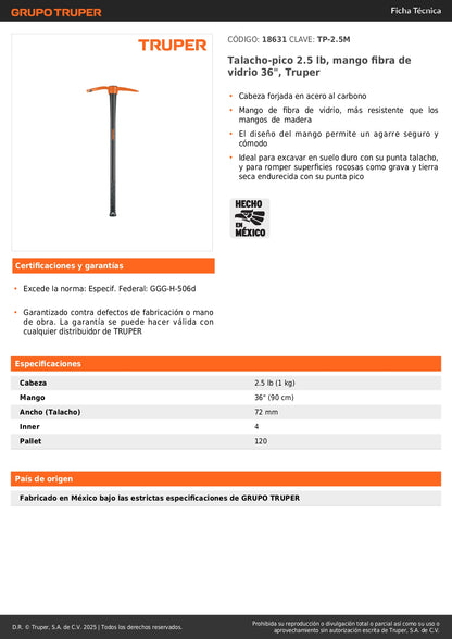 Talacho-Pico 2.5 lb Truper TP-2.5M - Herramienta Excavación Suelo Duro y Demolición Rocas - Mango Fibra Vidrio 36 Pulgadas