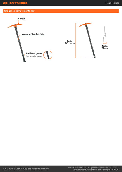 Talacho-Pico 2.5 lb Truper TP-2.5M - Herramienta Excavación Suelo Duro y Demolición Rocas - Mango Fibra Vidrio 36 Pulgadas
