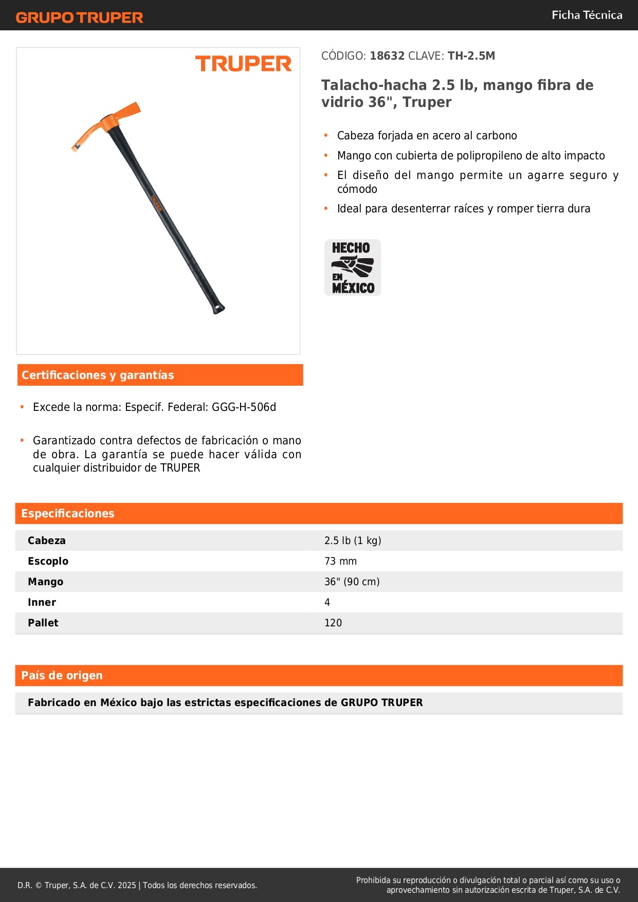 Talacho-Hacha Truper 2.5 lb Mango Fibra Vidrio 36" - Herramienta Profesional para Desenterrar Raíces y Romper Tierra Dura - TH-2.5M