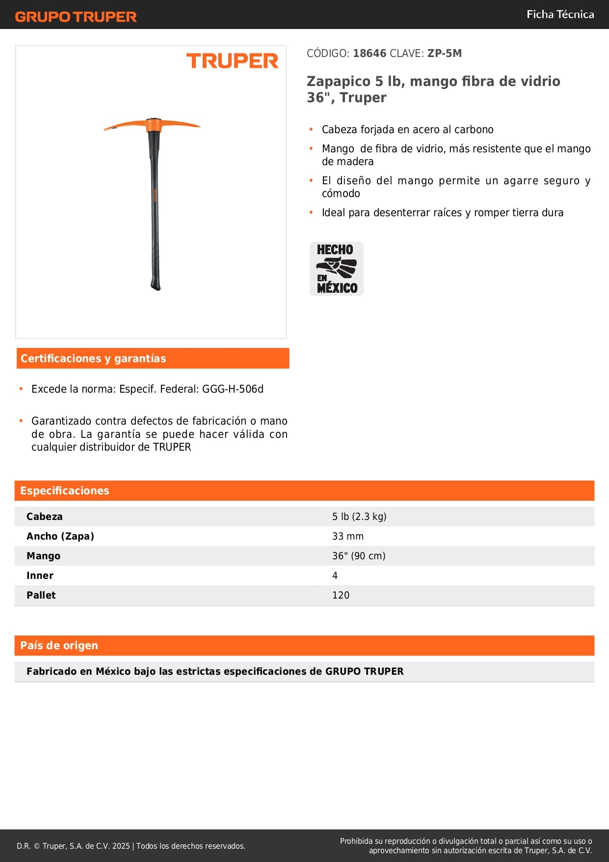 Zapapico Truper 5 lb Mango Fibra Vidrio 36" - Herramienta Profesional para Desenterrar Raíces y Romper Tierra Dura ZP-5M