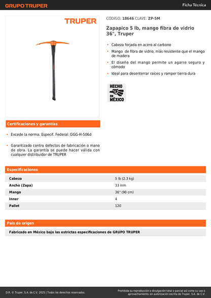 Zapapico Truper 5 lb Mango Fibra Vidrio 36" - Herramienta Profesional para Desenterrar Raíces y Romper Tierra Dura ZP-5M