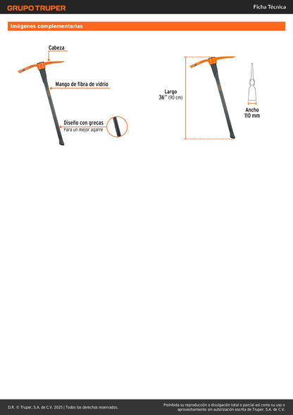 Talacho-Pico Truper 5 lb Mango Fibra Vidrio 36" - Herramienta Profesional para Excavación Suelo Duro y Demolición Superficies Rocosas TP-5M