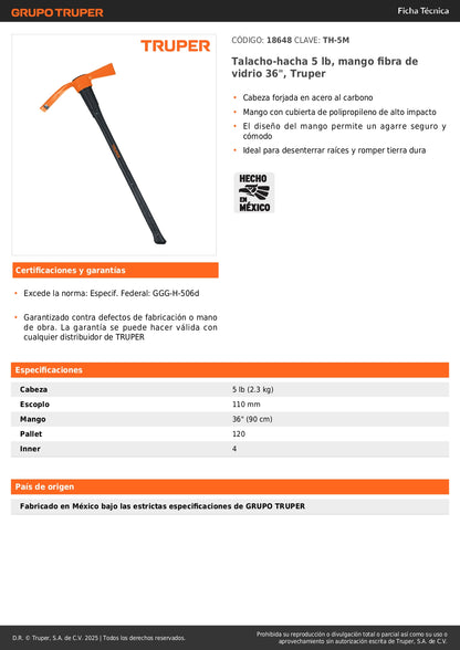 Talacho-hacha Truper 5 lb Mango Fibra Vidrio 36" - Herramienta Profesional para Desenterrar Raíces y Romper Tierra Dura TH-5M