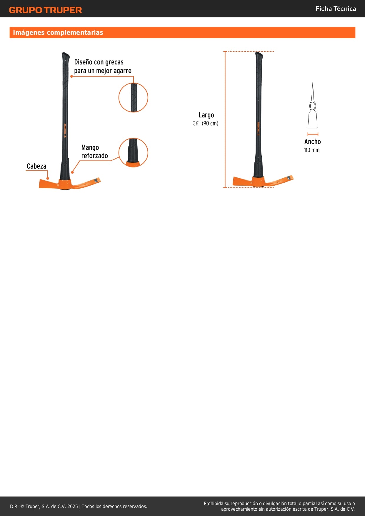 Talacho-hacha Truper 5 lb Mango Fibra Vidrio 36" - Herramienta Profesional para Desenterrar Raíces y Romper Tierra Dura TH-5M