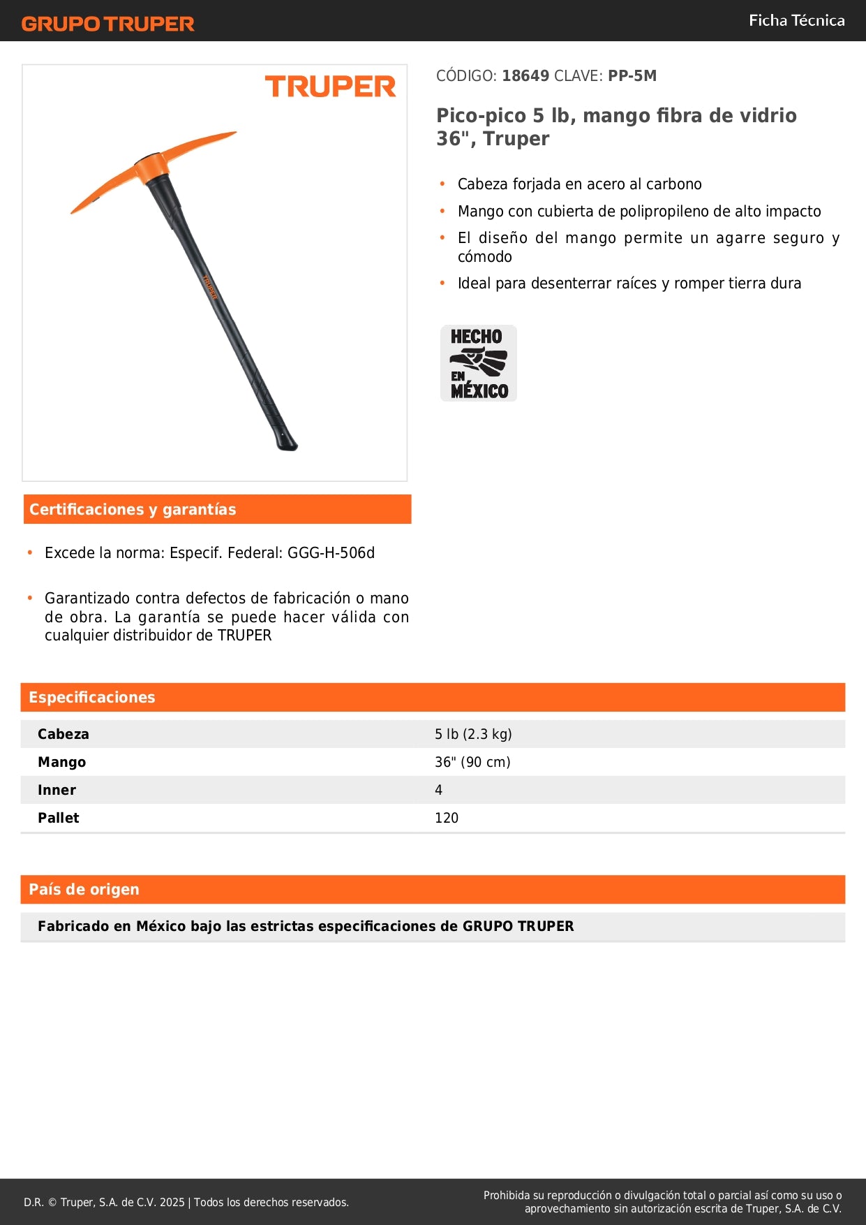 Pico-Pico Truper 5 lb Mango Fibra Vidrio 36" - Herramienta Profesional para Romper Tierra Dura y Desenterrar Raíces