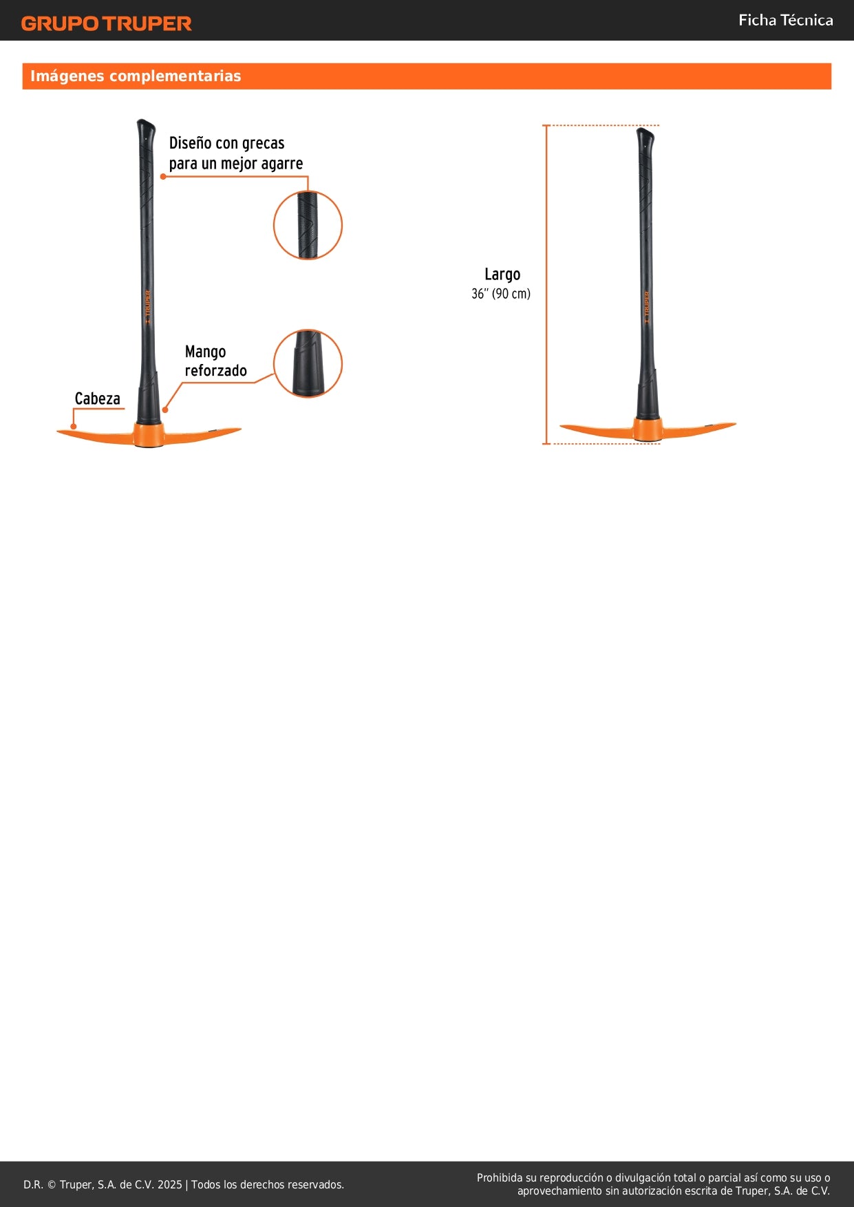 Pico-Pico Truper 5 lb Mango Fibra Vidrio 36" - Herramienta Profesional para Romper Tierra Dura y Desenterrar Raíces