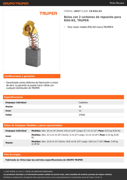 Bolsa con 2 carbones de repuesto para ROU-N3, TRUPER
