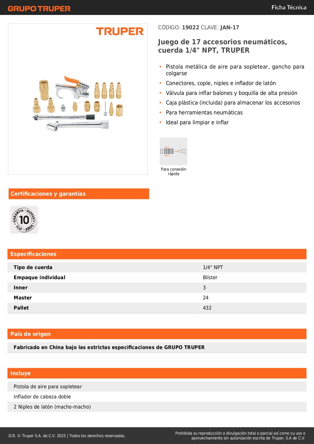 Kit Completo 17 Accesorios Neumáticos TRUPER JAN-17 - Pistola Aire, Inflador, Conectores - Solución Profesional Limpieza e Inflado
