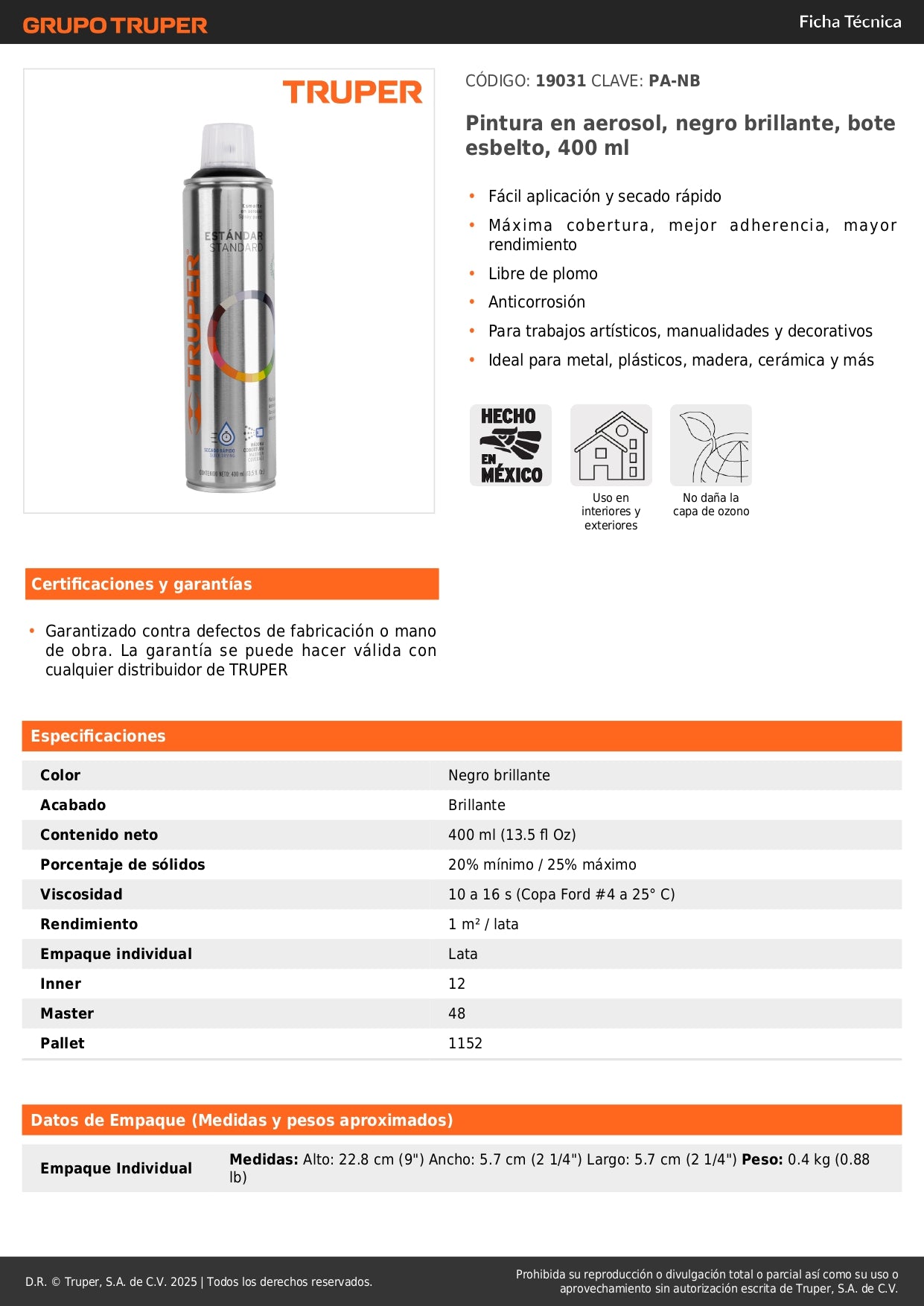 Pintura Aerosol Negro Brillante PA-NB 400ml - Anticorrosión Secado Rápido para Metal Madera Plástico - Truper