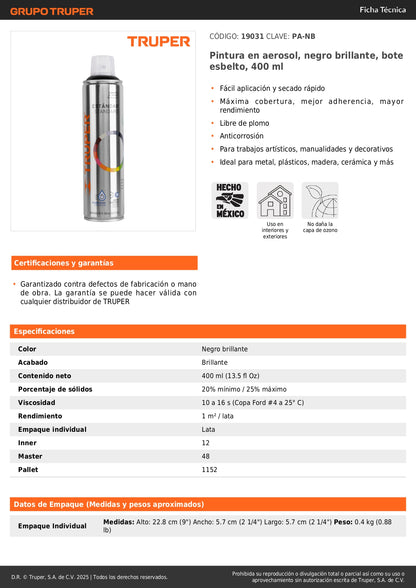 Pintura Aerosol Negro Brillante PA-NB 400ml - Anticorrosión Secado Rápido para Metal Madera Plástico - Truper