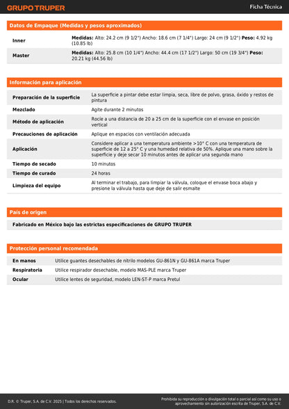 Pintura Aerosol Negro Brillante PA-NB 400ml - Anticorrosión Secado Rápido para Metal Madera Plástico - Truper