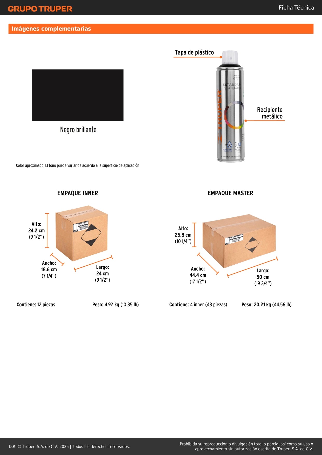 Pintura Aerosol Negro Brillante PA-NB 400ml - Anticorrosión Secado Rápido para Metal Madera Plástico - Truper