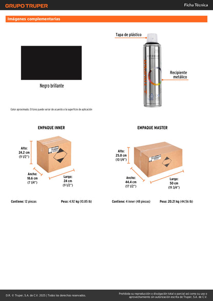 Pintura Aerosol Negro Brillante PA-NB 400ml - Anticorrosión Secado Rápido para Metal Madera Plástico - Truper