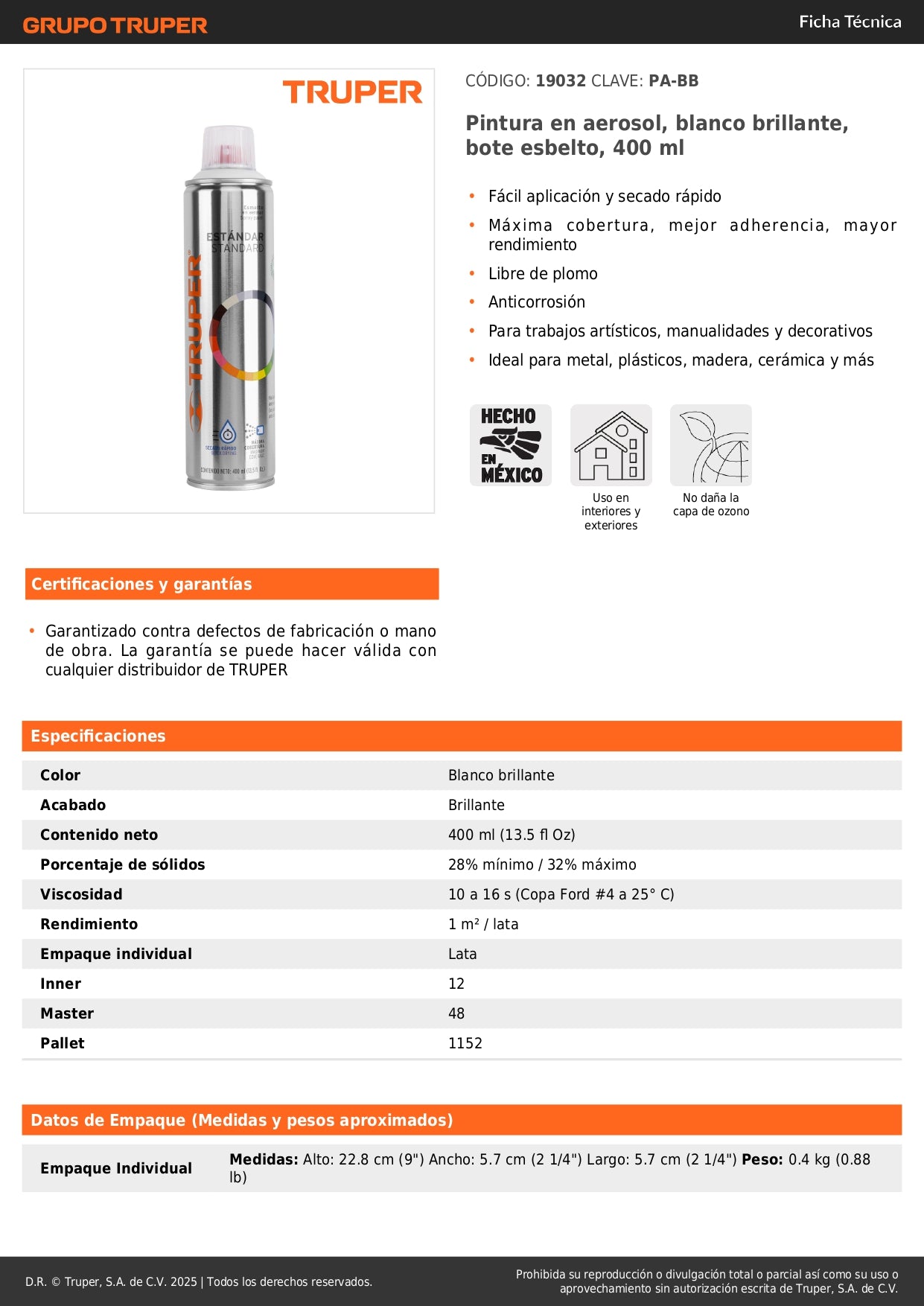 Pintura Aerosol Blanco Brillante 400ml PA-BB - Anticorrosión Secado Rápido para Metal Madera Plástico - Máxima Cobertura Sin Plomo