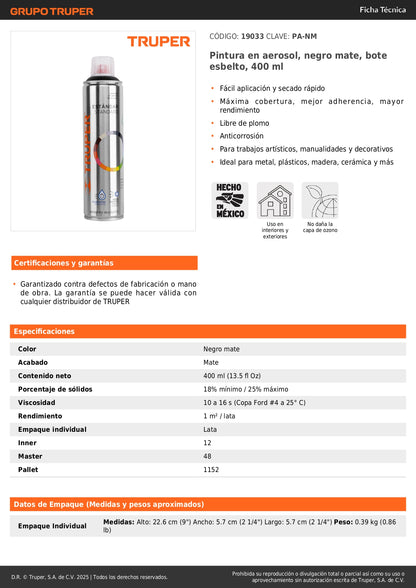 Pintura Aerosol Negro Mate Anticorrosión PA-NM 400ml - Secado Rápido para Metal Plástico Madera - Solución Profesional Antióxido