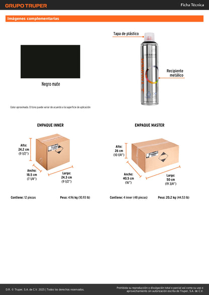Pintura Aerosol Negro Mate Anticorrosión PA-NM 400ml - Secado Rápido para Metal Plástico Madera - Solución Profesional Antióxido