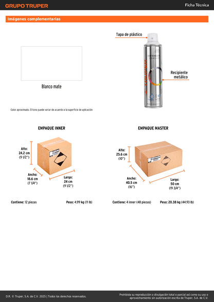 Pintura Aerosol Blanco Mate Anticorrosión 400ml - Secado Rápido para Metal Madera Plástico - TRUPER PA-BM