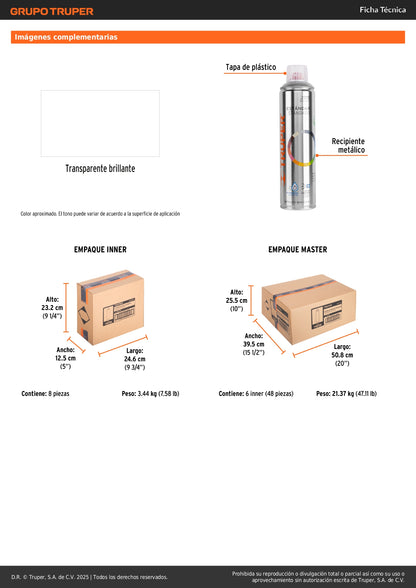 Pintura Aerosol Transparente Brillante 400ml PA-TR - Protección Anticorrosión Secado Rápido para Metal Madera Plástico