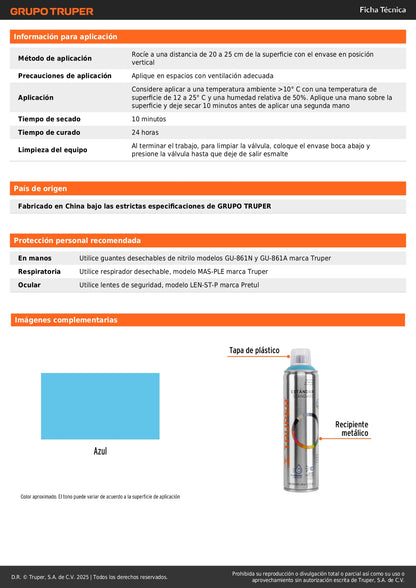 Pintura Aerosol Azul Truper 400ml - Anticorrosión Secado Rápido Metal Madera Plástico PA-AZ