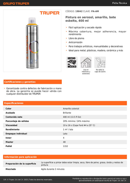 Pintura Aerosol Amarillo PA-AM 400ml - Anticorrosión Secado Rápido para Metal Madera Plástico - Máxima Cobertura Libre de Plomo