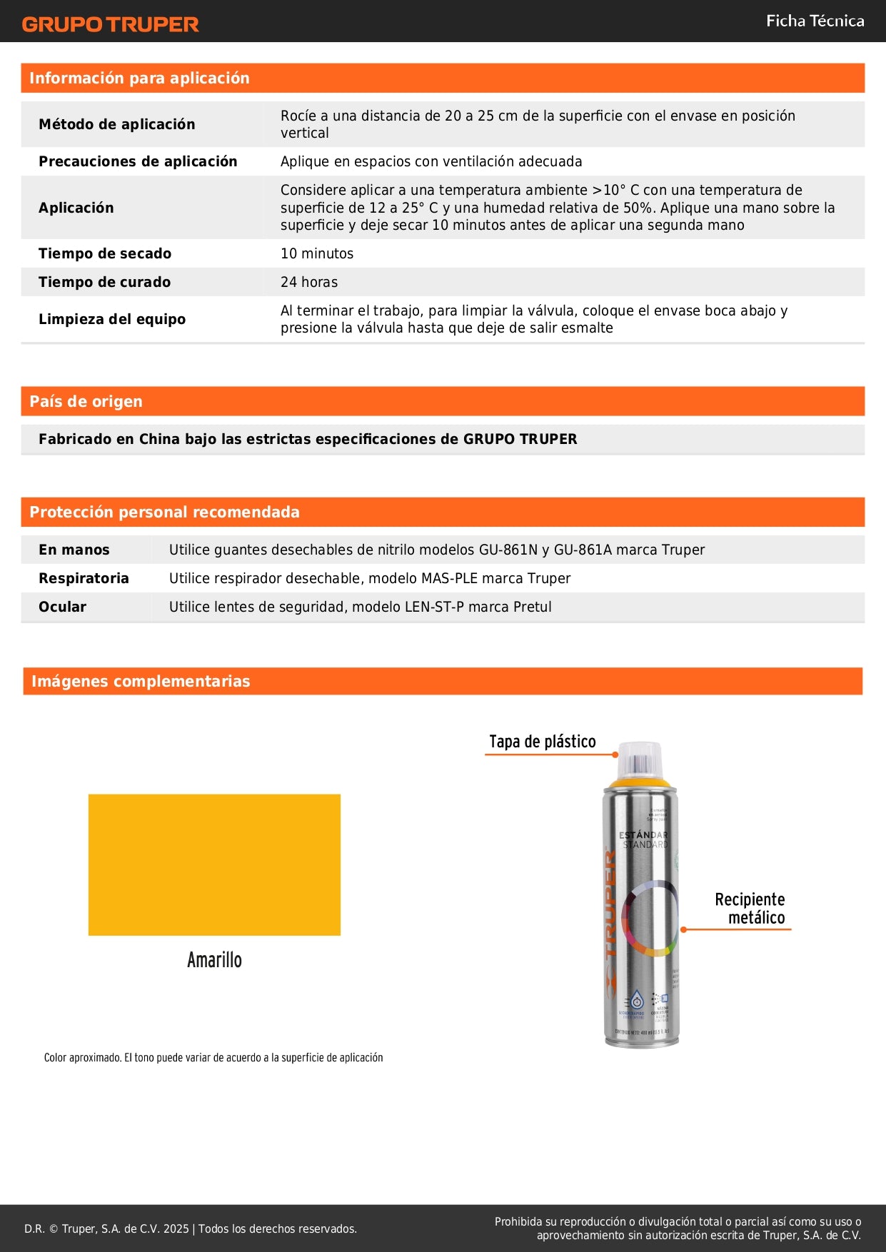 Pintura Aerosol Amarillo PA-AM 400ml - Anticorrosión Secado Rápido para Metal Madera Plástico - Máxima Cobertura Libre de Plomo