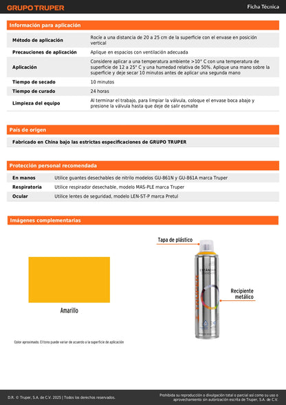 Pintura Aerosol Amarillo PA-AM 400ml - Anticorrosión Secado Rápido para Metal Madera Plástico - Máxima Cobertura Libre de Plomo