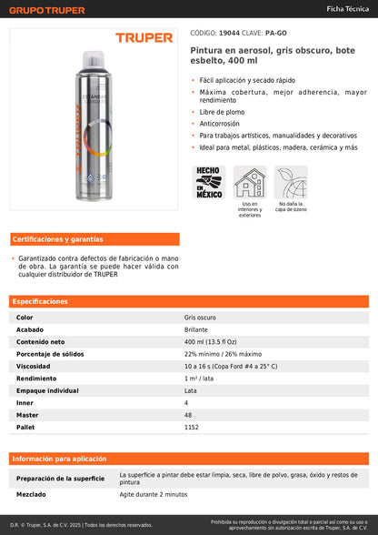 Pintura Aerosol Gris Obscuro PA-GO 400ml - Anticorrosión Secado Rápido para Metal Madera Plástico - Solución Profesional Manualidades