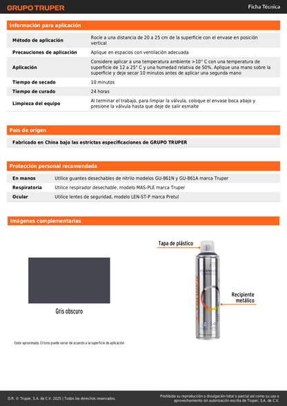 Pintura Aerosol Gris Obscuro PA-GO 400ml - Anticorrosión Secado Rápido para Metal Madera Plástico - Solución Profesional Manualidades