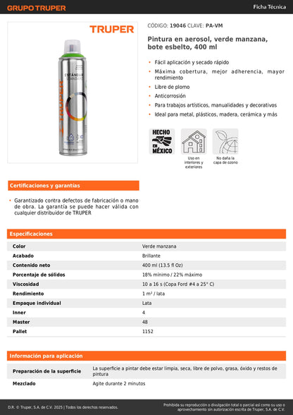 Pintura Aerosol Verde Manzana PA-VM 400ml - Anticorrosión Secado Rápido para Metal Madera Plástico - Solución Profesional Decorativa