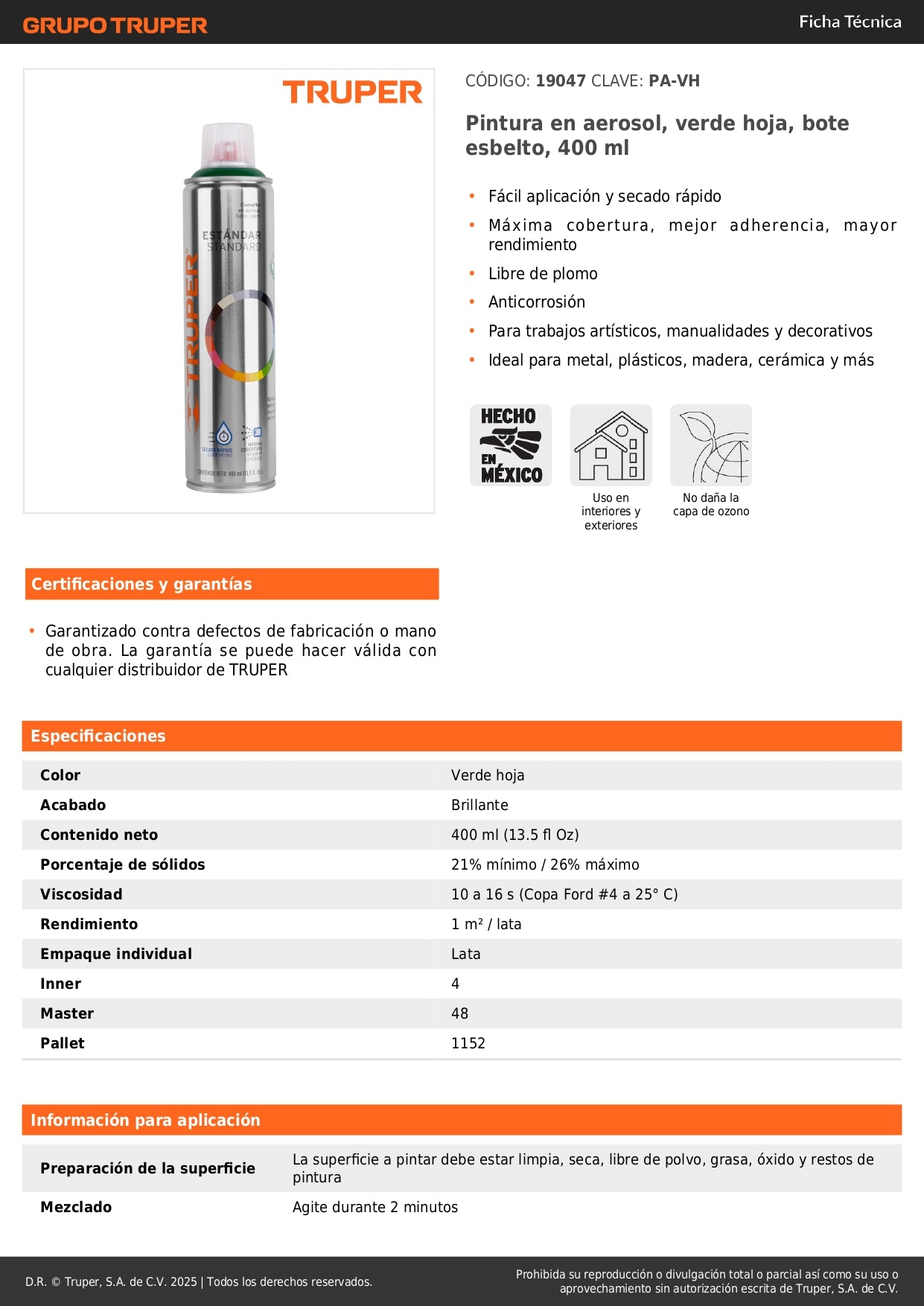 Pintura Aerosol Verde Hoja PA-VH 400ml - Anticorrosión Secado Rápido para Metal Madera Plástico