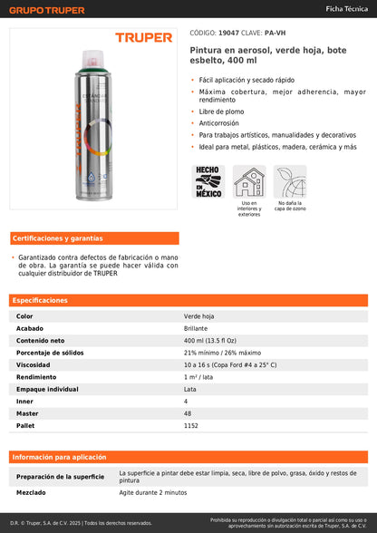 Pintura Aerosol Verde Hoja PA-VH 400ml - Anticorrosión Secado Rápido para Metal Madera Plástico