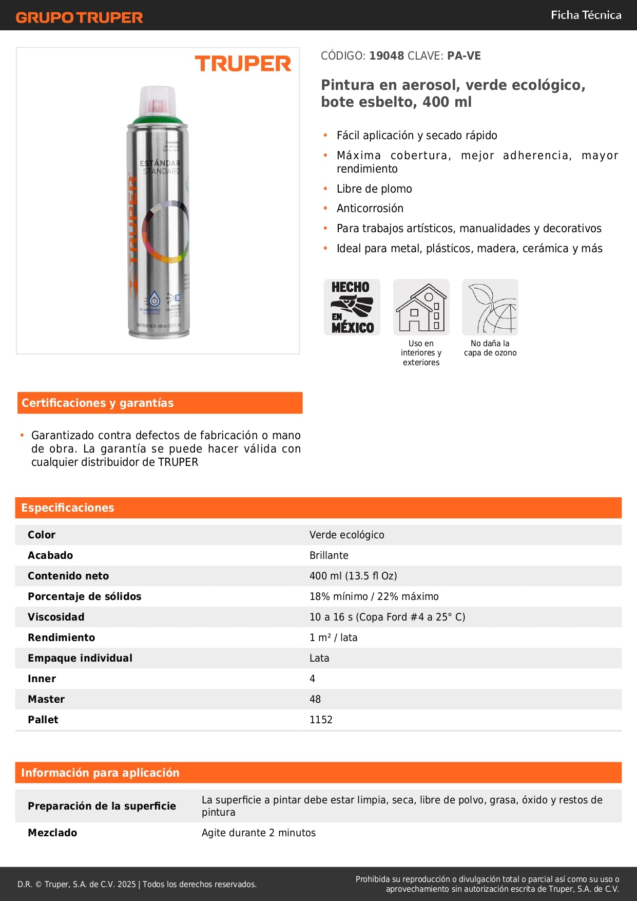 Pintura Aerosol Verde Ecológico PA-VE 400ml - Anticorrosión Secado Rápido para Metal Madera Plástico