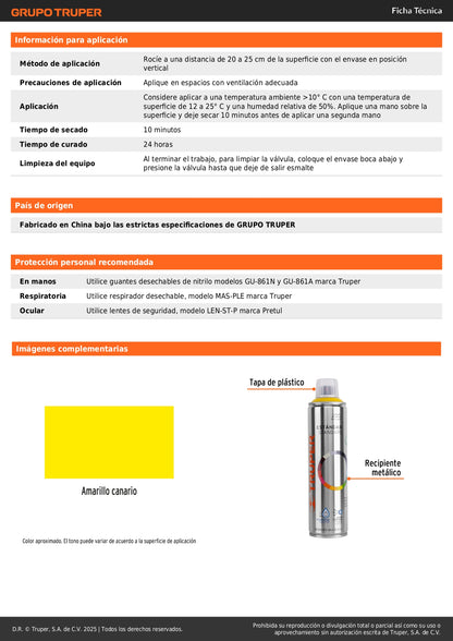Pintura Aerosol Amarillo Canario PA-AC 400ml - Anticorrosión Secado Rápido para Metal Madera Plástico - Solución Profesional Libre de Plomo