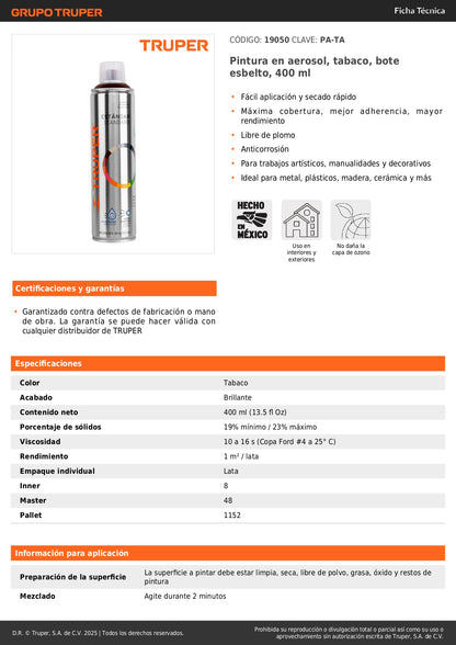 Pintura Aerosol Tabaco PA-TA 400ml - Anticorrosión Secado Rápido para Metal Madera Plástico - Solución Profesional Decorativa