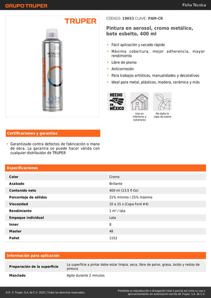 Pintura Aerosol Cromo Metálico PAM-CR 400ml - Anticorrosión Secado Rápido para Metal Plástico Madera