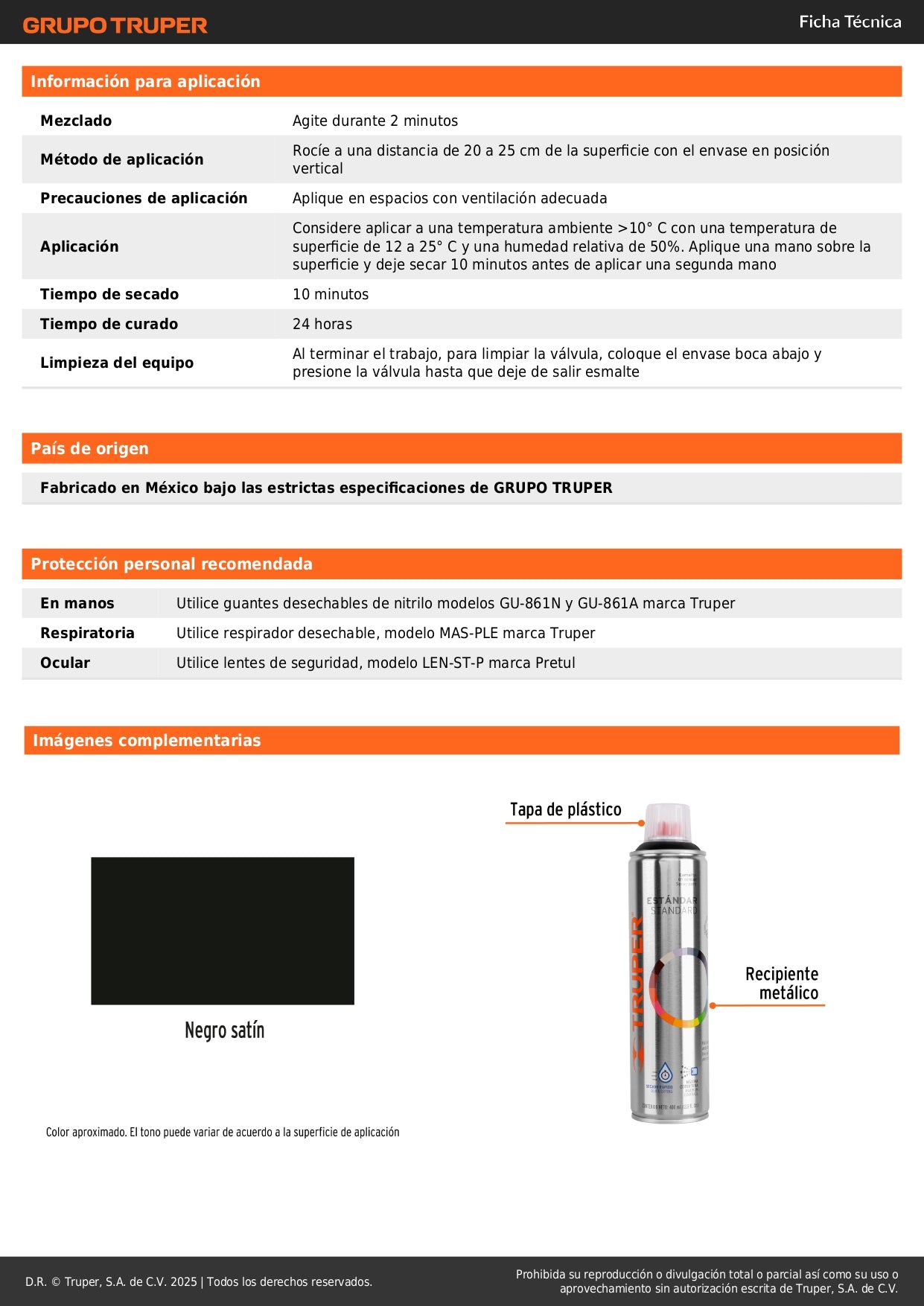 Pintura Aerosol Negro Satín PA-NS 400ml - Anticorrosión Secado Rápido para Metal Madera Plástico - TRUPER Profesional